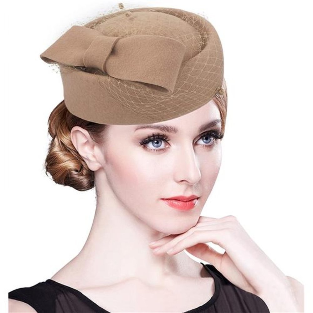 BRITISH Vintage Wool Felt Pillbox Hat B Camel